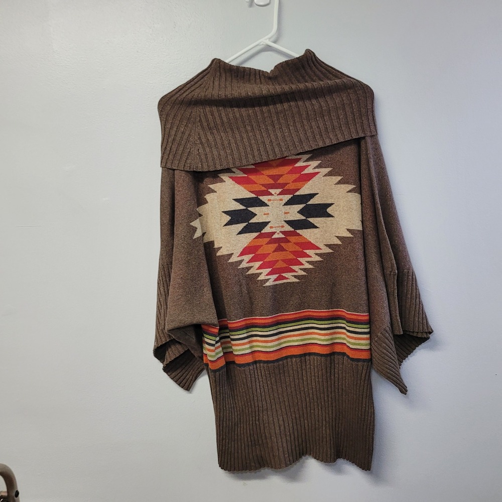 Tasha Polizzi Southwestern Intarsia Knit Poncho Sweater Brown Medium
